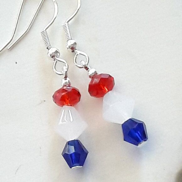 Boho Earrings 416# Red White Blue SilverHooks925Stamp Bohemian Red ArtisanMadeCr - Picture 2 of 4